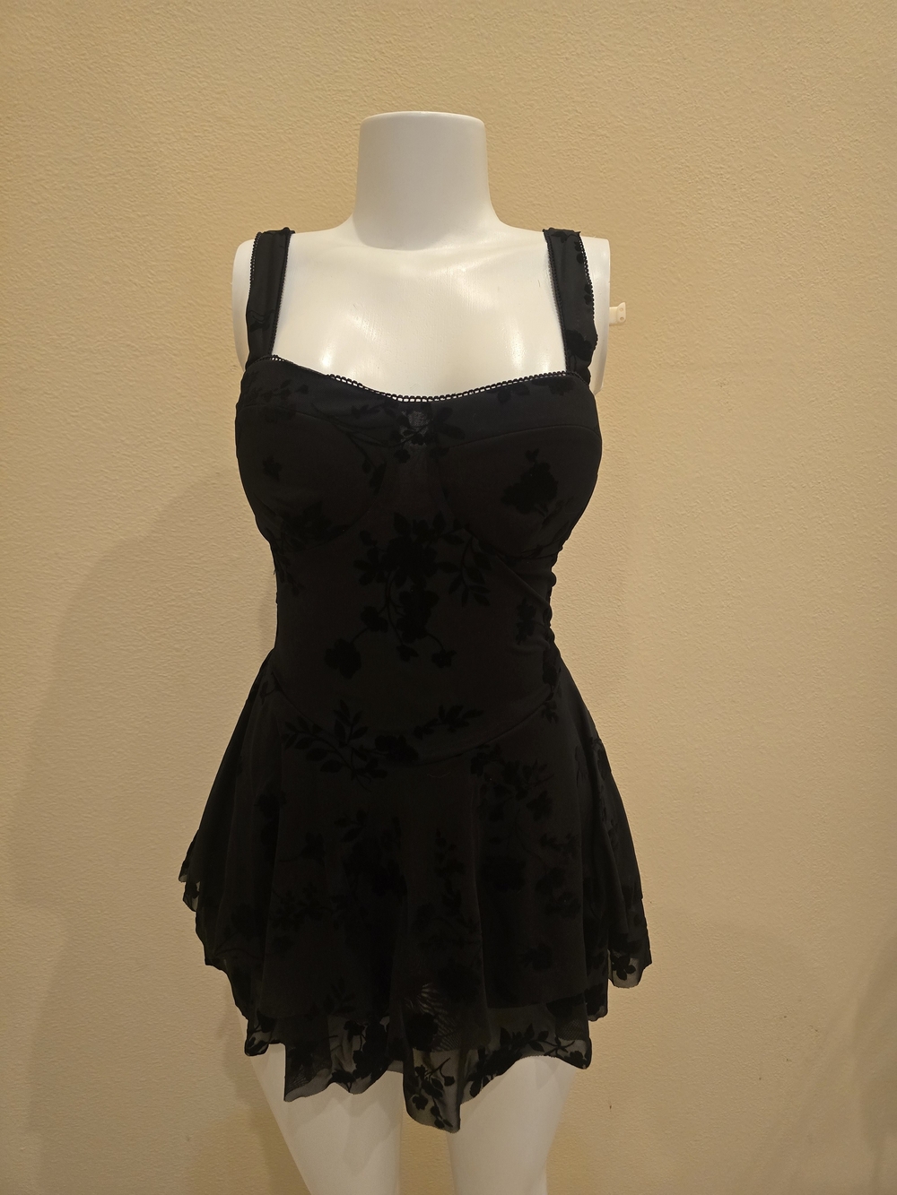 Black Floral Mini Dress with Sweetheart Neckline